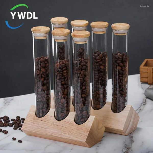 Bottiglie di stoccaggio YWDL Chicchi di caffè in legno Fiore Espositore per tè Stand Cereali Contenitore in vetro con ornamenti decorativi sigillati in sughero