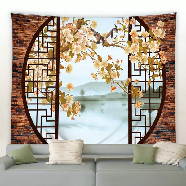 Estilo chinês retro paisagem tapeçaria fundo moderno parede pendurado decoração cobertor para quarto sala de estar jardim pano de fundo 240325