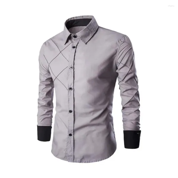 Camisa masculina t camisa casual manga longa bloco linha xadrez botão de luxo fino ajuste mão costura moda sem engomar ocidental streetwear