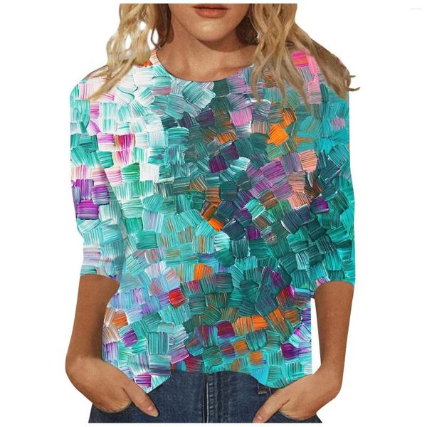 Kadın için Kadın Tişörtleri 3/4 Kılıf Kadın Sevimli Çiçek Baskı Grafik Tees Bluses Sıradan Artı Boyut Basit Üstler Pullover Roupas Feminina 2024