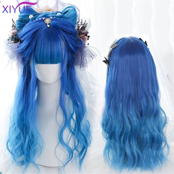 Perücken XIYUE Lange Ombre Light Ash Pink Blue Wellige Perücke Cosplay Party Tägliche synthetische Perücke für Frauen Hochdichte Temperaturfaser