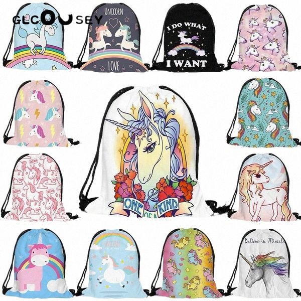 Heißer Verkauf Einhorn 3D Digitaldruck Frauen Kordelzug Tasche Rucksack Weibliche Hochwertige Kordelzug Tasche Nette Einhorn Taschen N4yi #