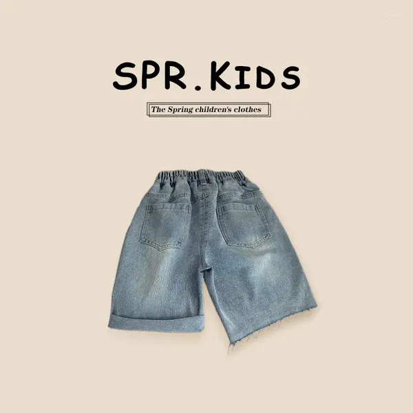 Pantaloncini Da Ragazzo Estivi Denim Sottili Stile Western Per Bambini Azzurri Lavati Morbidi Sfilacciati