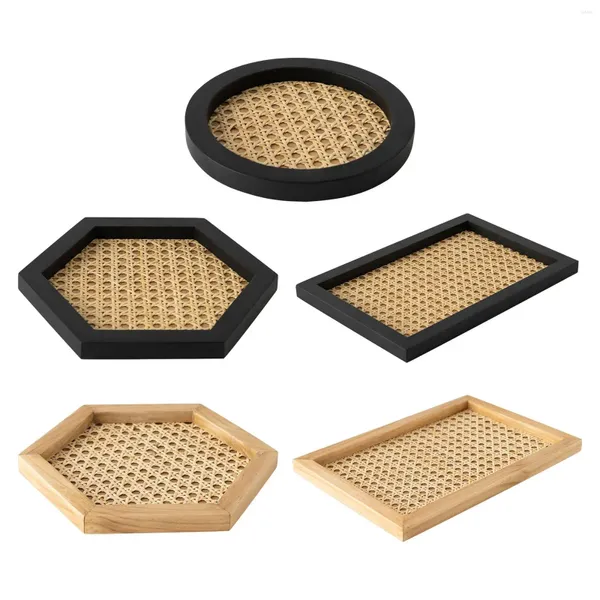 Teetabletts Rattan Serviertablett Geschirr Kosmetik Teelichthalter Korb Holzrahmen Make-up Teller für Badezimmer Küchenzubehör