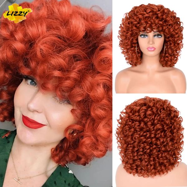 Peruklar lizzyhair kırmızı kahverengi bakır kısa kıvırcık sentetik peruk siyah kadınlar için African cosplay doğal afro peruk patlamalı ısıya dayanıklı