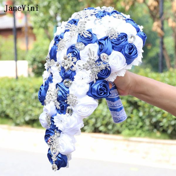 Janevini Luxury Royal Blue Branco Cetinado Flores Cachoeiras Buquês de Noiva Acessórios de Buquê Cascadados Cristal para Noiva