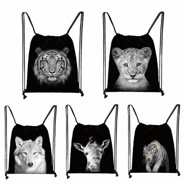 Preto Branco Animais Selvagens Impressão Saco Com Cordão Homens Sacos De Armazenamento Meninos Tigre Li Lobo Mochila Adolescente Saco De Viagem 35X55cm O8sG #