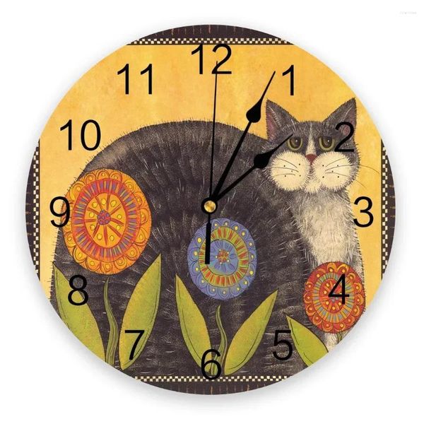 Orologi da parete Animale Gattino Fiori gialli Orologio 3D Design moderno Soggiorno Decorazione Cucina Arte Orologio Decorazioni per la casa