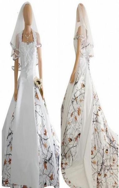 Abiti da sposa moda mimetica bianca con velo applicazioni di pizzo in raso Abiti da sposa con lacci sul retro personalizzato lungo mimetico New6542721