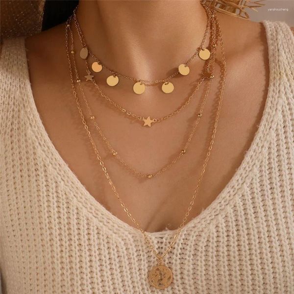 Anhänger Halsketten Vintage Multilevel Vergoldet Stern Runde Pailletten Perlenkette Hohle Erde Halskette Für Frauen Weibliche Modeschmuck Geschenk