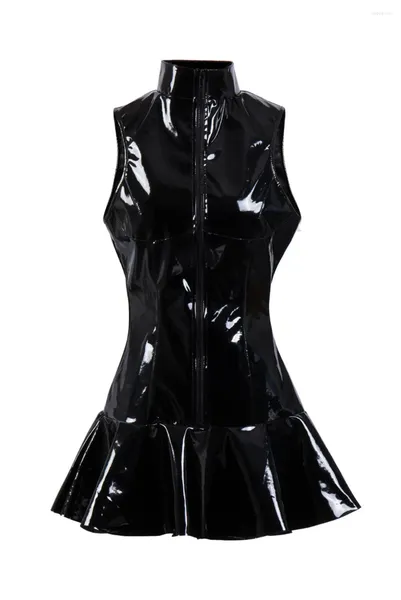 Partykleider Damen Damen Wetlook Kleid Glänzendes Vinylleder Rave Kostüme Reißverschluss Sexy Clubwear Bodycon Mini Vestido