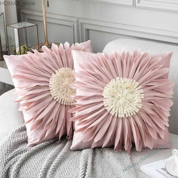 Yastık/Dekoratif Yastık Şık ve Şık Pembe Beyaz Atma S 45 * 45cm Kadife Ekleme 3D Chrysantemum Yastıklı Bel Mavi Yastık Kutusu Y240401