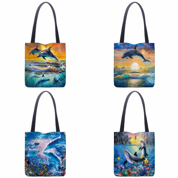 Oceano Dolphin Imprimir Casual Tote Bag Linho Tote Bag Mulheres Dobrável Fi Travel Bag Mulheres Portátil Eco Shop Alta Qualidade V7VH #