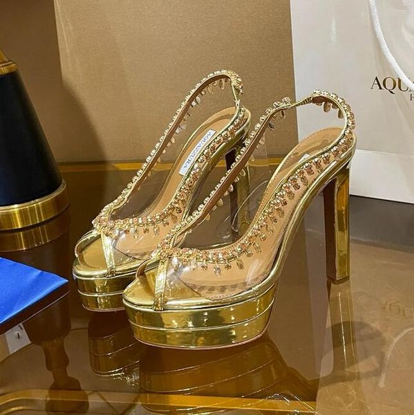 AQUAZZURA Сандалии с текилой и хрустальной лампой Туфли-лодочки на платформе сандалии на массивном высоком каблуке без шнуровки с открытыми носками Классические туфли женские вечерние платья Фабричная обувь 35-43 коробка