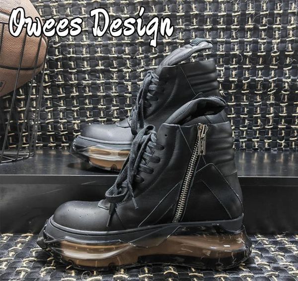 Scarpe casual Owees Design Sneakers alte da uomo invernali in pelle di mucca nera Designer Trainer Punta rotonda Piattaforma per il tempo libero