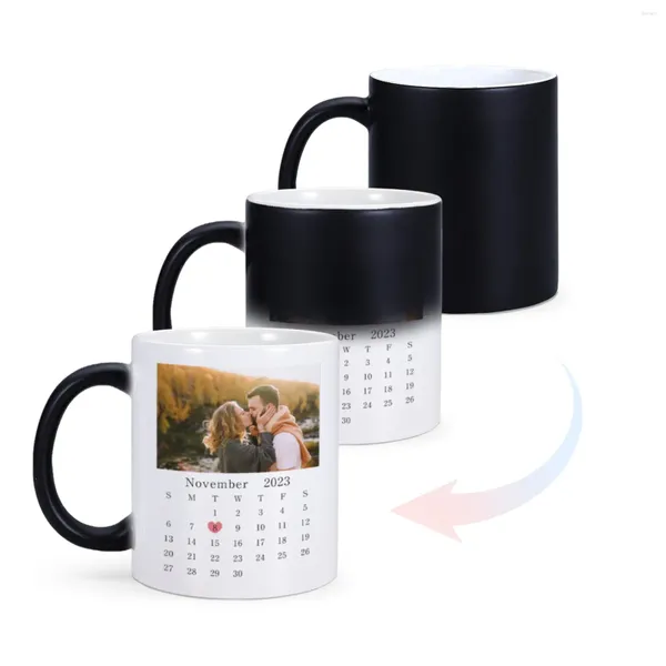 Canecas Calendário Personalizado Mudança de Cor Caneca Casal Aniversário Presente Personalizado Data Po Magic 11oz Xícara de Café para Ele Ela