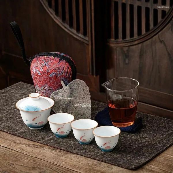 Tazze Set da tè da viaggio in ceramica Borsa da tè 1 teiera 3 tazze da tè Pentola in vetro in porcellana con tazza Regalo aziendale Gaiwan