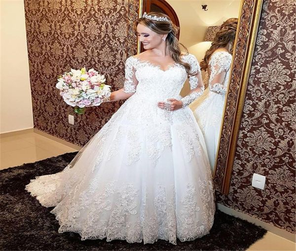 Splendidi abiti da sposa in pizzo trasparente con scollo posteriore manica lunga una linea principessa abiti da sposa reali Sweep Trail Vestidos De Noiv7418959