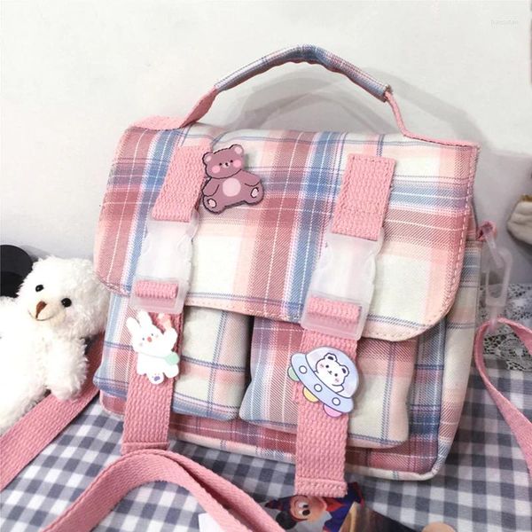 Sacos de ombro Shopper Bag para mulheres Nylon Tote 2024 Meninas Moda Bonito Japonês JK Estilo Cor Contraste Xadrez Stripe Bolsa Crossbody