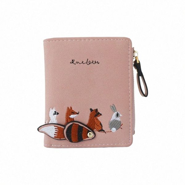 FI Frauen Brieftasche Schöne Carto Tiere Kurze Stickerei Leder Brieftaschen Weibliche Reißverschluss Geldbörse Kartenhalter Für Mädchen Kind 07bW #