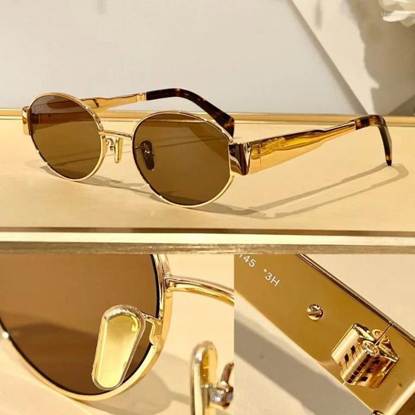 Sonnenbrille 2024 Sommer Kleine Schatten Oval Gold Metallrahmen Für Frauen Ästhetische Marke Designer Neutrale Farbe UV400