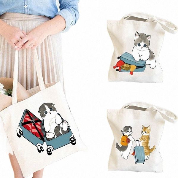 Japão Mofusand Cat White Canvas Mulheres Shop Bags Animal Girl Ombro Pano Sacos Reutilizáveis Shopper Professor Student Book Bags S27r #