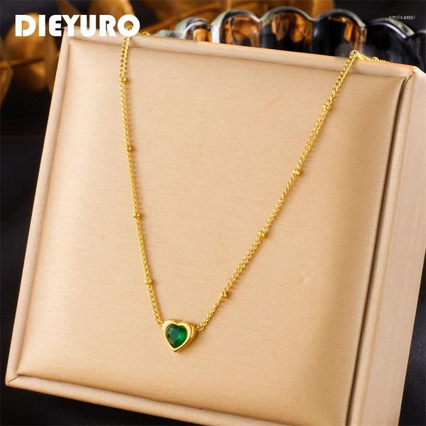 Collane con ciondolo DIEYURO Acciaio inossidabile 316L Cuore Collana di cristallo verde per le donne Regalo di moda Catena al collo Gioielli Compleanno Collier Femme