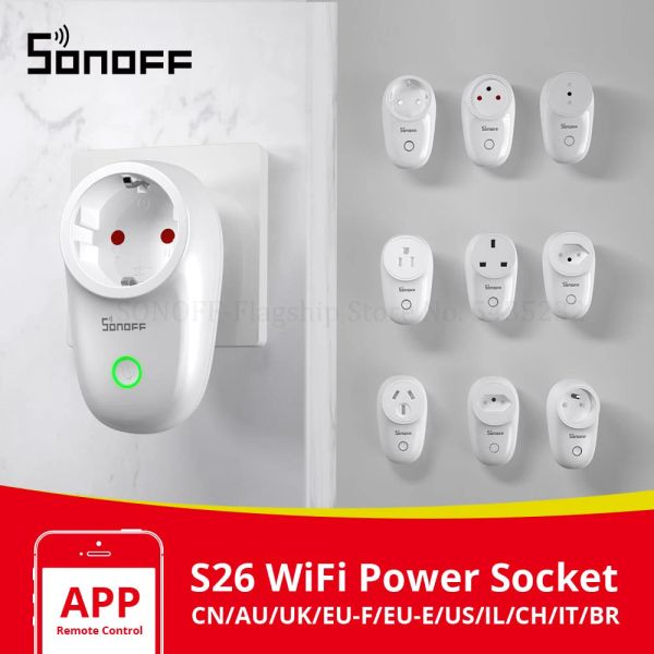 Controle Itead SONOFF S26 Wifi Smart Plug Switch EUE / EUF / UK / AU / US / BR / IT / IL / CH / CN Timer Tomada de parede Plugues eWeLink funcionam com Alexa