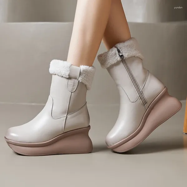 Botas gktinoo couro genuíno curto para mulheres cunhas de inverno quente plataforma de neve sapatos grossos sola antiderrapante mulher