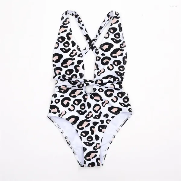 Mulheres Swimwear Leopard Imprimir Bikini Sexy Deep-V Swimsuit Cross Bandage Backless Mulheres 1 Pieces Brasil Beach Bathing Suit Biquinis Mujer