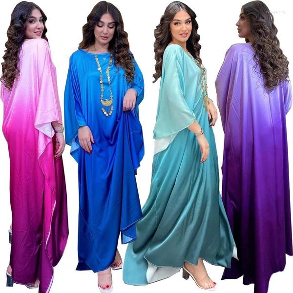 Abbigliamento etnico islamico arabo africano stile vacanza abbigliamento da spiaggia raso Abaya Dubai manica a pipistrello veste Eid abito da donna musulmana Marocco caftano