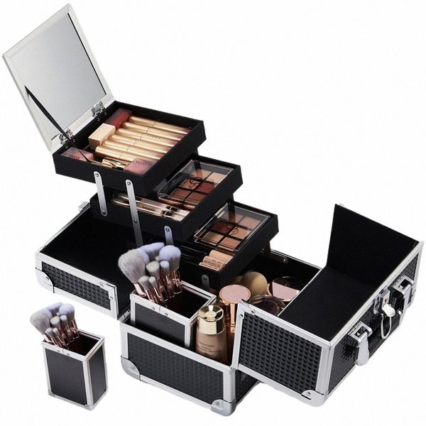 Joligrace Profial Makeup Valigia Portatile di grande capacità Make Up Case Box con pennelli cosmetici Specchio con serratura w67g #