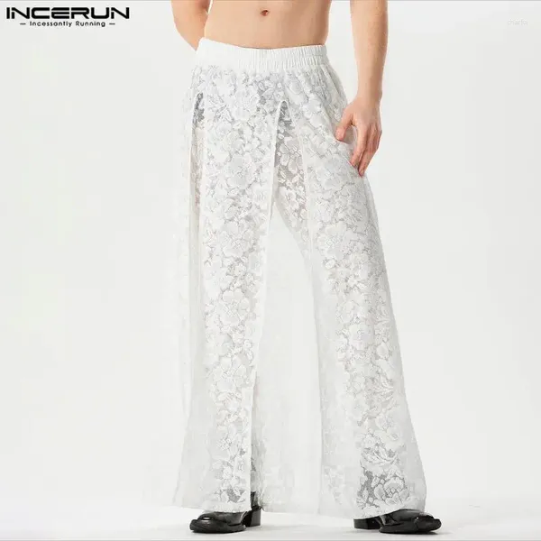 Männer Hosen INCERUN Männer Spitze Aushöhlen Transparente Elastische Taille Hosen Streetwear 2024 Lose Mode Unregelmäßige S-5XL