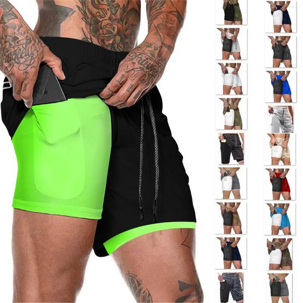 Pantaloncini da uomo 2024 Pantaloni sportivi estivi europei a doppio strato per cellulare Pantaloni da palestra Esercizio da jogging