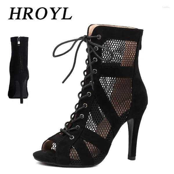 Scarpe da ballo HROYL Latin Black Mesh Cinghie incrociate Donna Sexy con tacco alto Bocca di pesce Salsa Jazz professionale