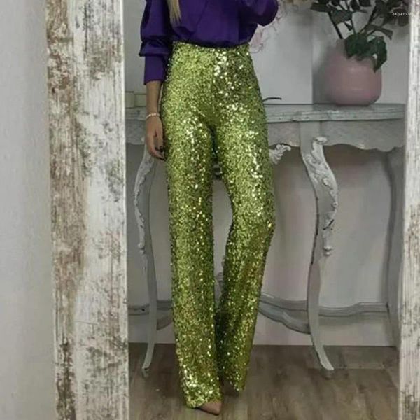 Pantaloni da donna Donna con paillettes a vita alta svasato per pantaloni slim fit lucenti colori solidi elastici stile streetwear