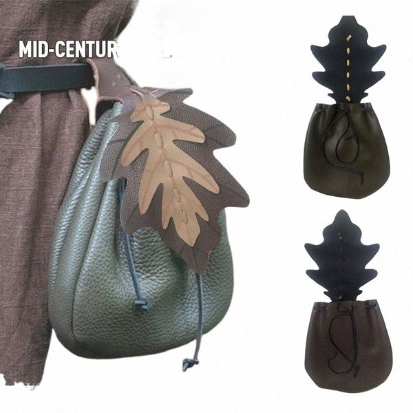 Saco de cintura com cordão Medieval Leaf Tobacco Wallet Coin Purse Couro Vintage Europa Leaf Pattern Lace-Up Fanny Pack w7RL #