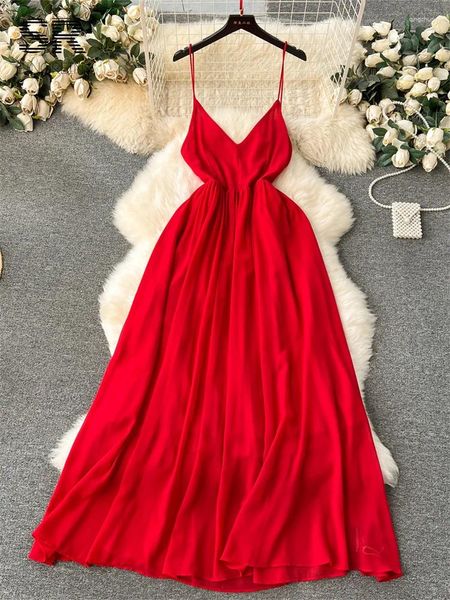 Abiti casual SINGREINY Backless Red Vacation Maxi Dress Donna Strap scollo a V senza maniche Moda 2024 Ladies Elegante Slim A Line