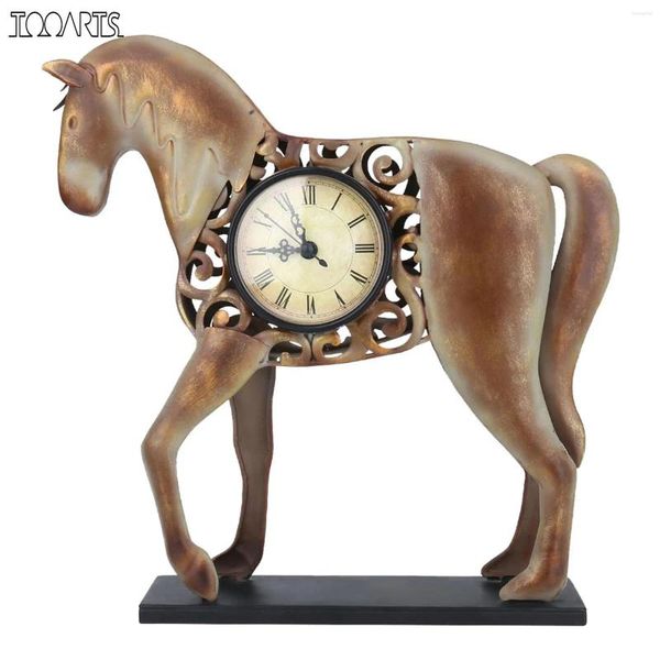 Orologi da tavolo Tooarts Orologio a forma di cavallo Statuetta in metallo vintage con motivo scavato Muto, azionato da una batteria (non inclusa)