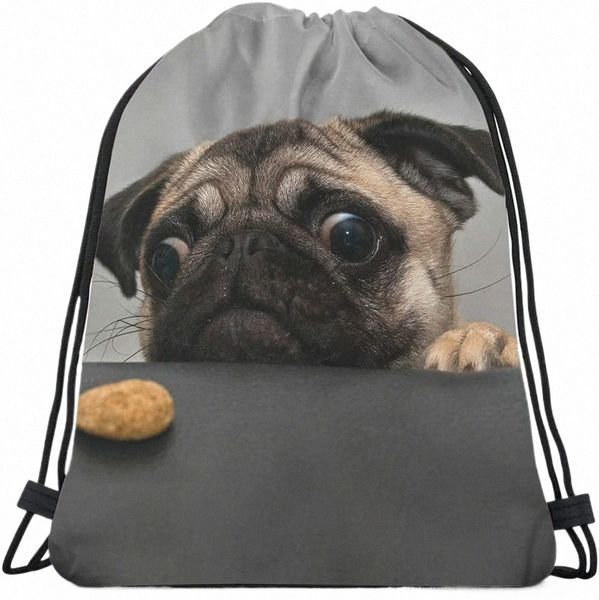 arte bonito animal de estimação cordão sacos mochila saco cão adorável animal pequeno cachorrinho arte engraçado pug rosto olhos fi design biscoito esporte ginásio f2rs #