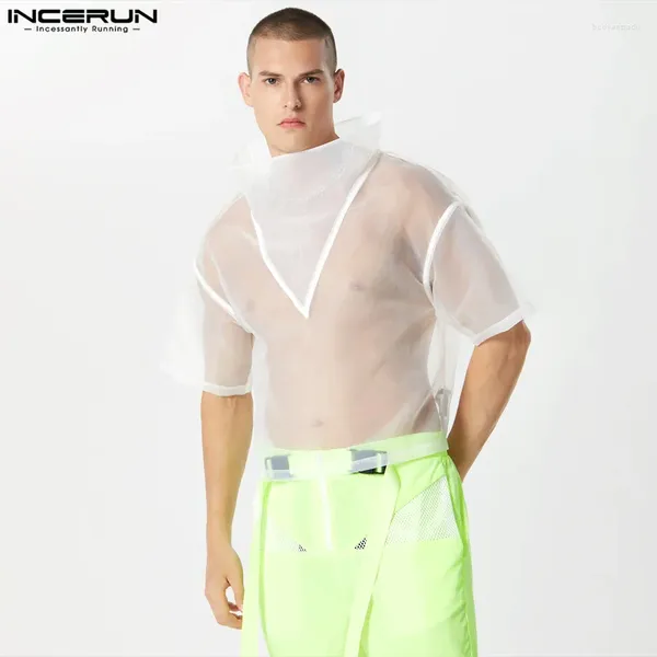 Männer T Shirts 2024 Männer Hemd Mesh Transparent Rollkragen Kurzarm Unregelmäßige T Tops Streetwear Sexy Lose Mode Camisetas INCERUN