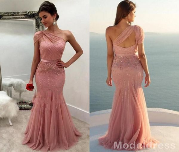 Novo Design Dusty Rose Vestidos Formais Desgaste da Noite 2020 Um Ombro Frisado Sereia Longo Árabe Prom Party Vestidos de Ocasião Especial C9887696