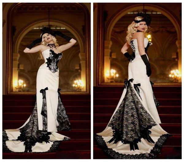 Abiti da sposa a sirena slim con applicazioni in pizzo a cuore Abiti da sposa formali in bianco e nero gotico con lacci sul retro Abiti da matrimonio1893435