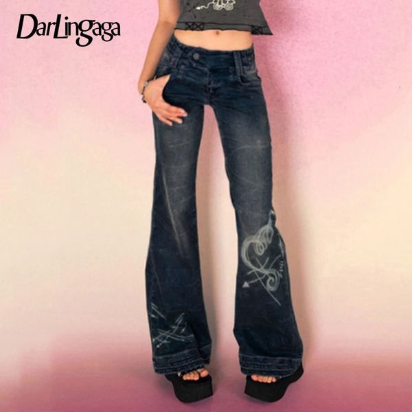 Darlingaga Y2K Grunge Fairycore Chic Skinny Low Rise Flared Jeans Mulheres Vintage Estético Coração Impresso Calças Jeans Boot Cut 240314