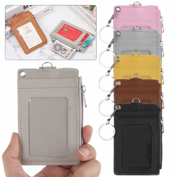 Couro portátil Busin ID Card Credit Badge Holder Coin Purse Wallet Keychain Q33Q #