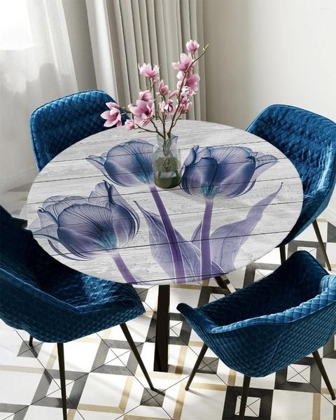 Masa bezi çiçek lale mavi soyut ahşap tahta yuvarlak masa örtüsü elastik kapak su geçirmez yemek dekorasyon aksesuar