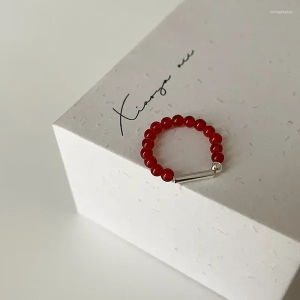 Hochzeit Ringe Minar Chinesischen Stil Rote Farbe Achat Naturstein Bands Für Frauen Femme Silber Überzogene Legierung Strang Elastische Finger ring