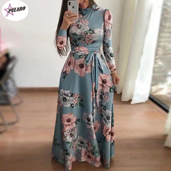 Lässige Kleider PULABO Frühling Herbst Frauen Kleid Bohomia Blumendruck Maixi Mode Gürtel Tunika Boho Eveing Party Midi Vestido