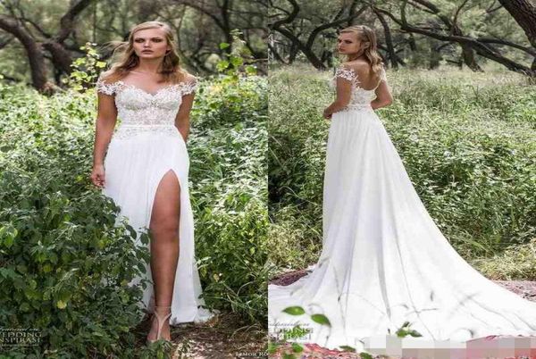 Boho 2019 New Sexy Sheer Jewel Neck Cape Sleeve Lace Vestidos de casamento com alta divisão frontal estilo country praia casamento boêmio Dr6222843