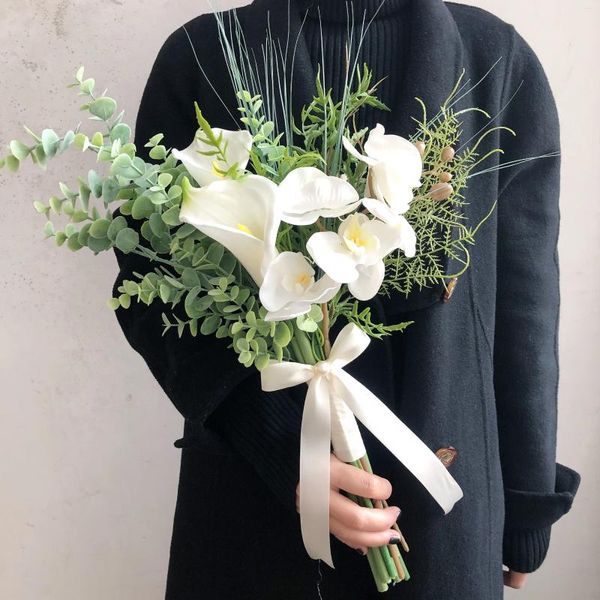 Düğün Çiçek Aksesuarları Beyaz Calla Zambakları Yeşil Yapraklar Gelin Buket Doğal Sahte Ramo De Flores Para Novia